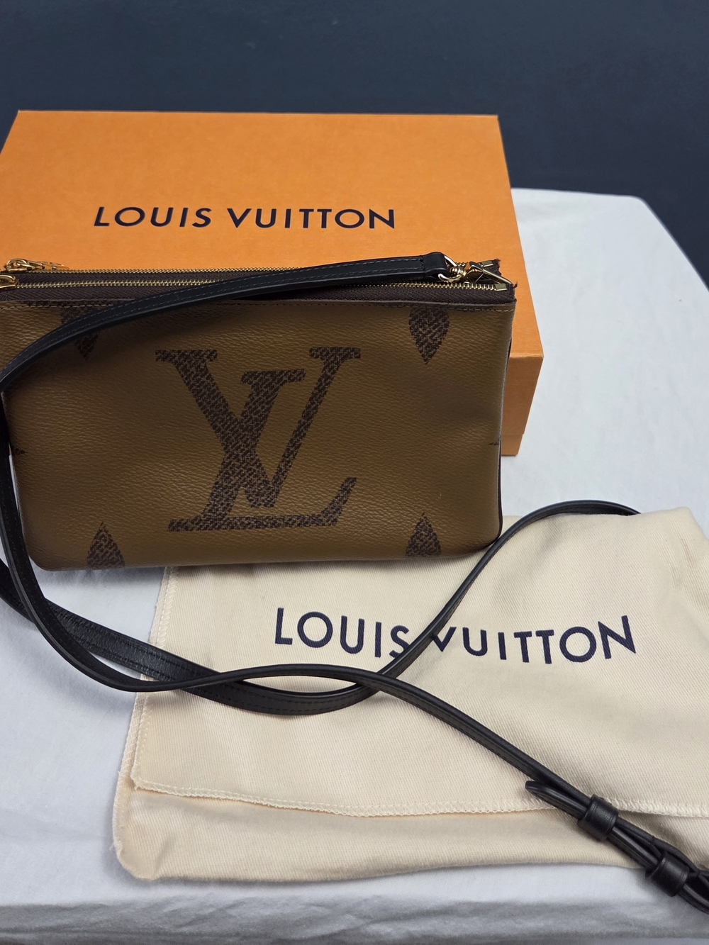 Louis Vuitton Brown Monogram Double Zip Pochette with Black Strap